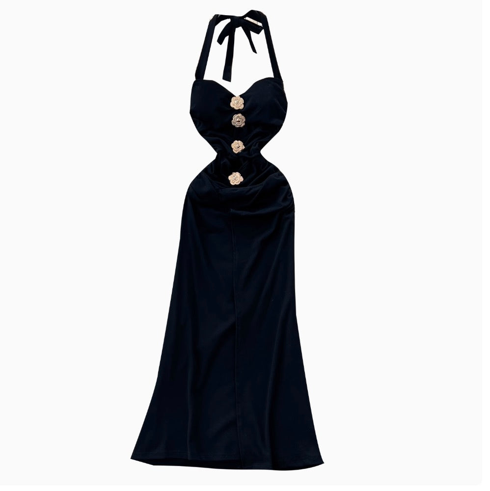 Metal Flower Black Halter Dress