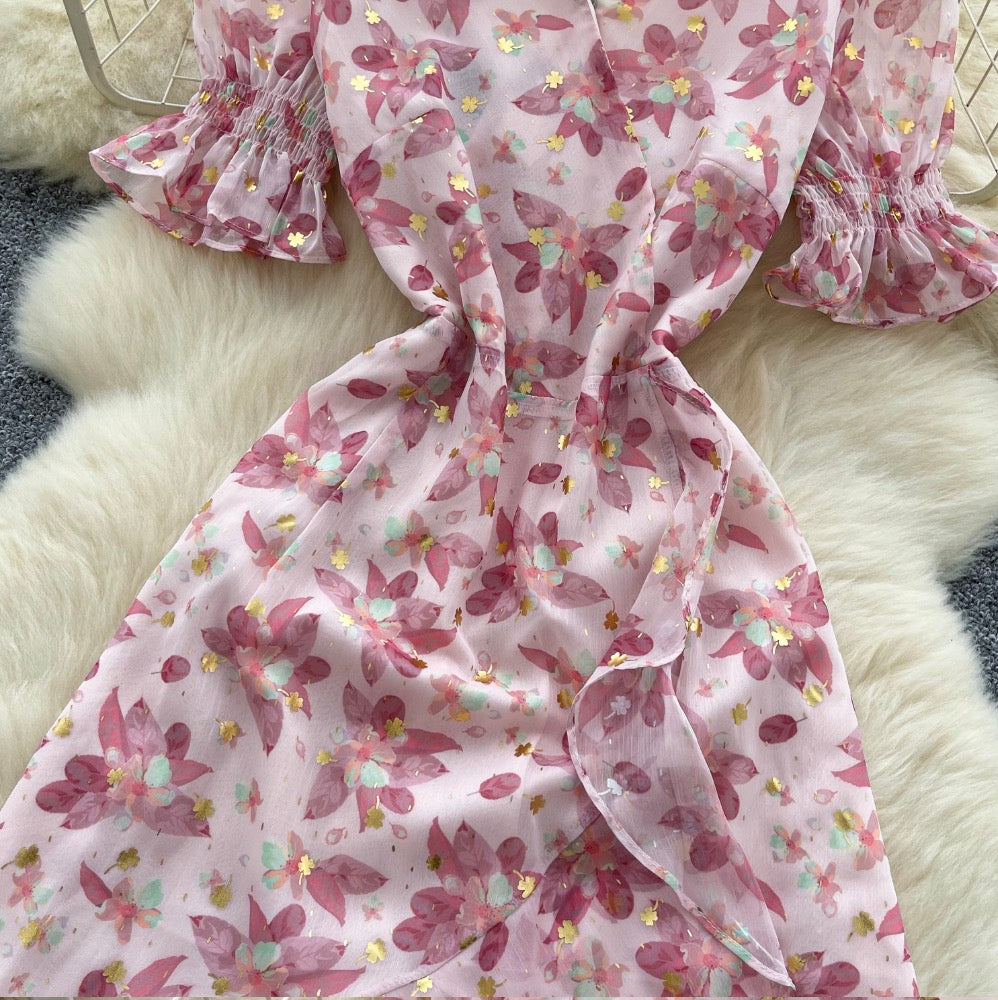 V-neck Puffy Sleeve Pink Floral Dress