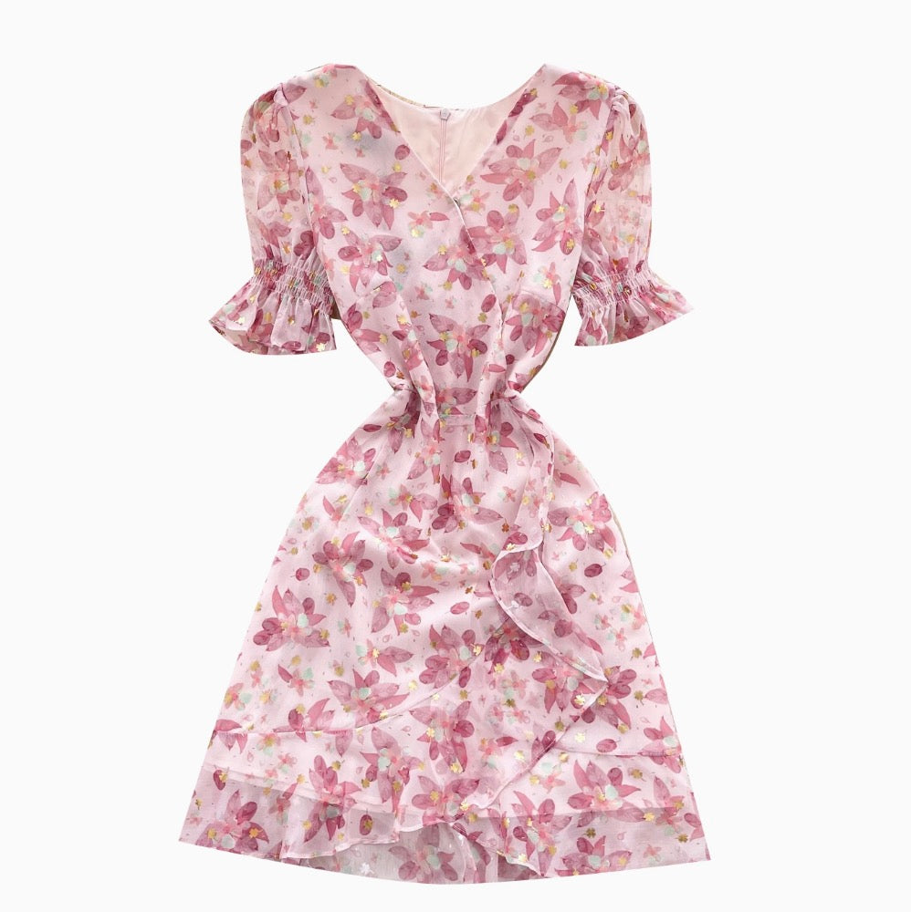 V-neck Puffy Sleeve Pink Floral Dress