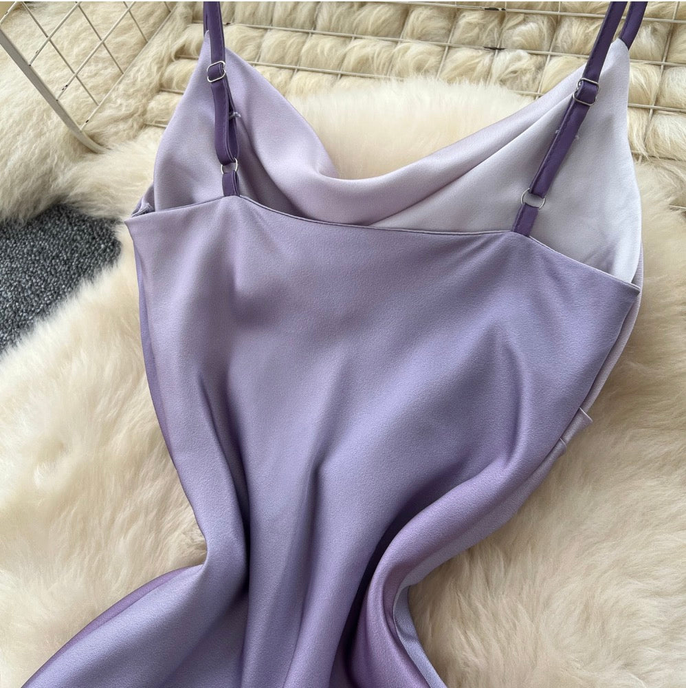 Draped Neckline Gradient Purple Slip Dress