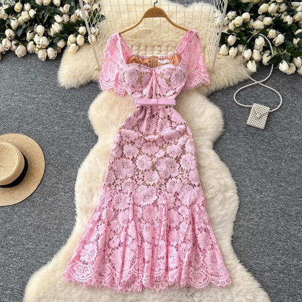 Floral Embroidered Lace Fishtail Dress