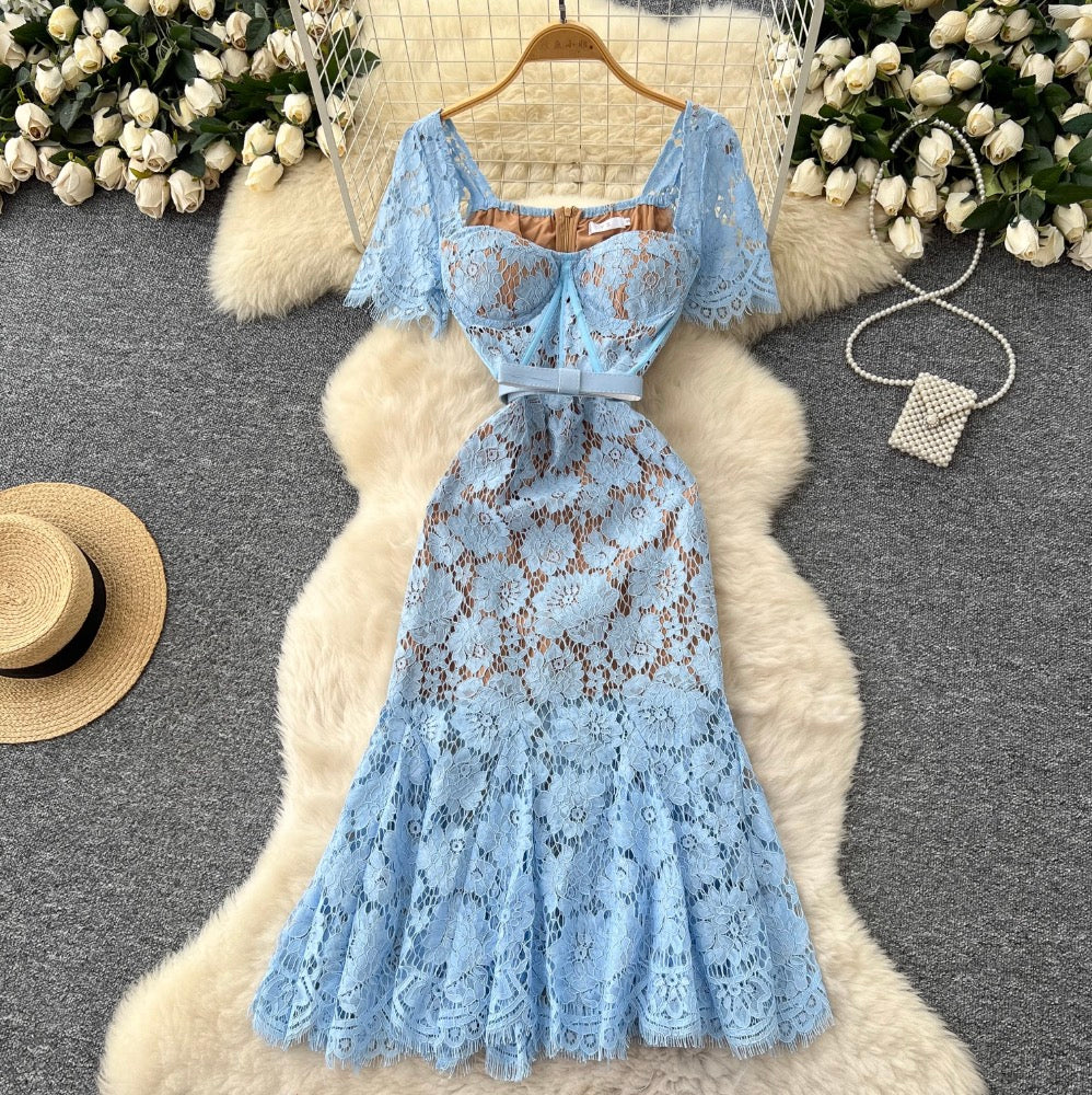 Floral Embroidered Lace Fishtail Dress