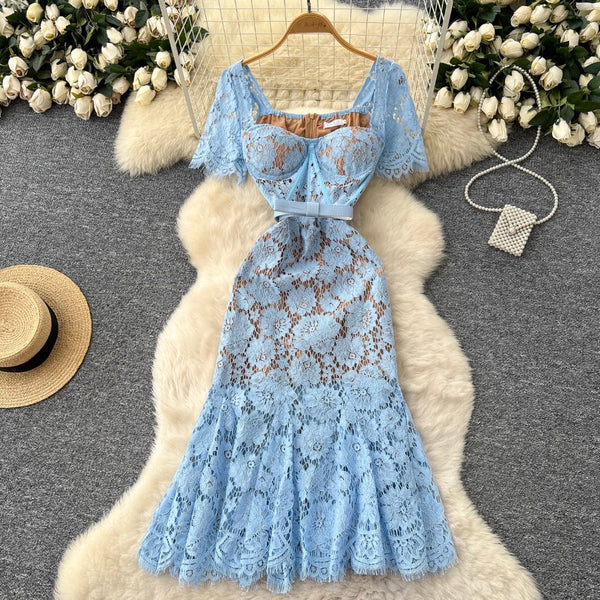 Floral Embroidered Lace Fishtail Dress