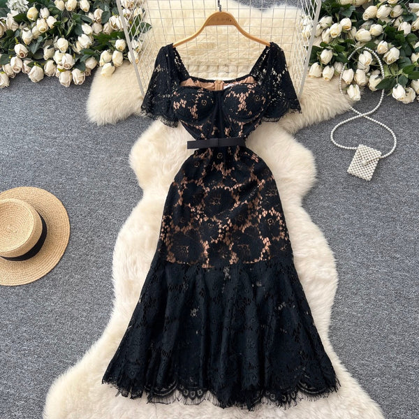 Floral Embroidered Lace Fishtail Dress