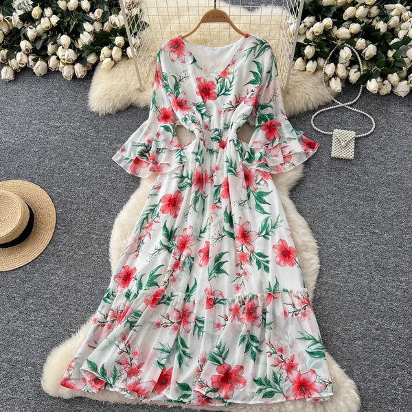 Vintage Flared Sleeve Floral Chiffon Dress