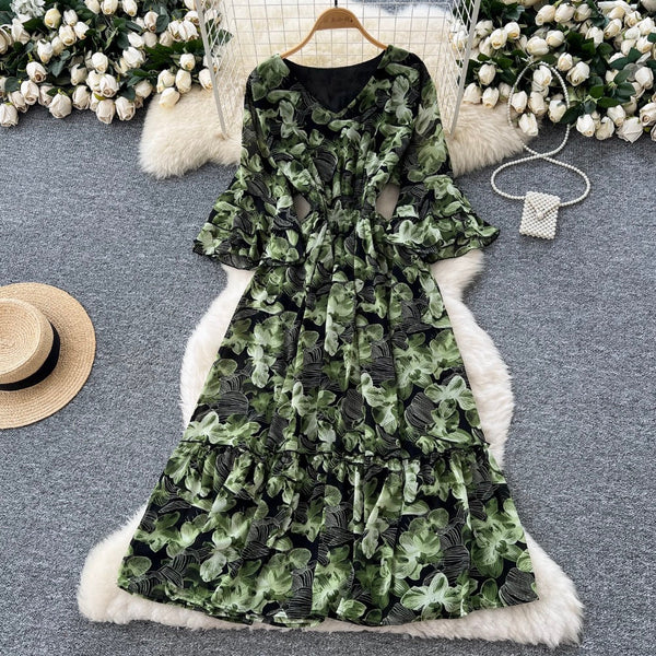 Vintage Flared Sleeve Floral Chiffon Dress