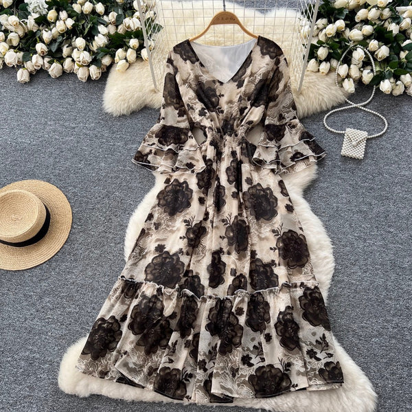Vintage Flared Sleeve Floral Chiffon Dress