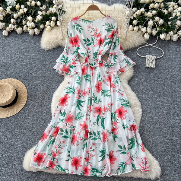 Vintage Flared Sleeve Floral Chiffon Dress