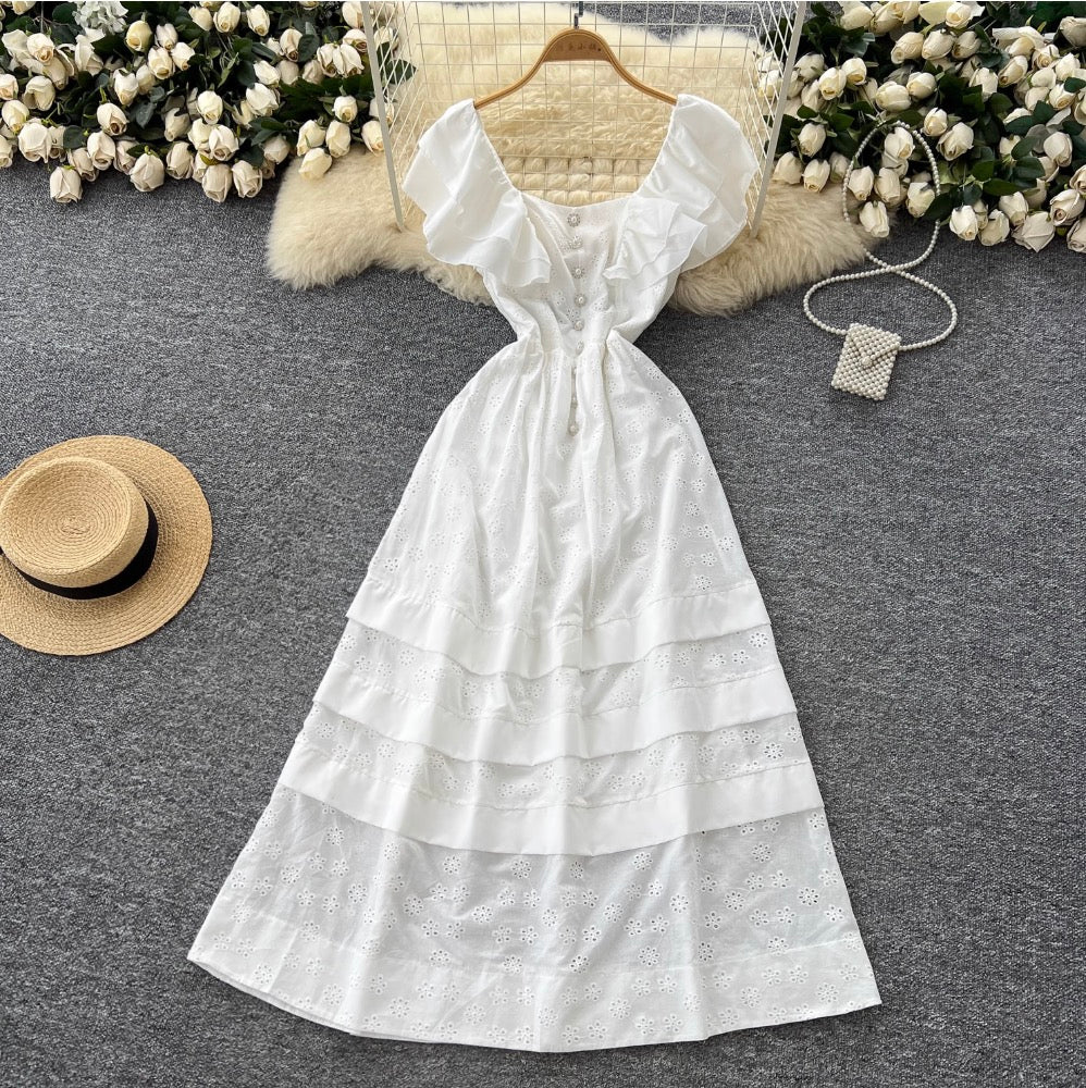 Mori Layered Hem Embroidered White Dress