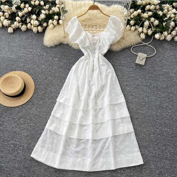 Mori Layered Hem Embroidered White Dress
