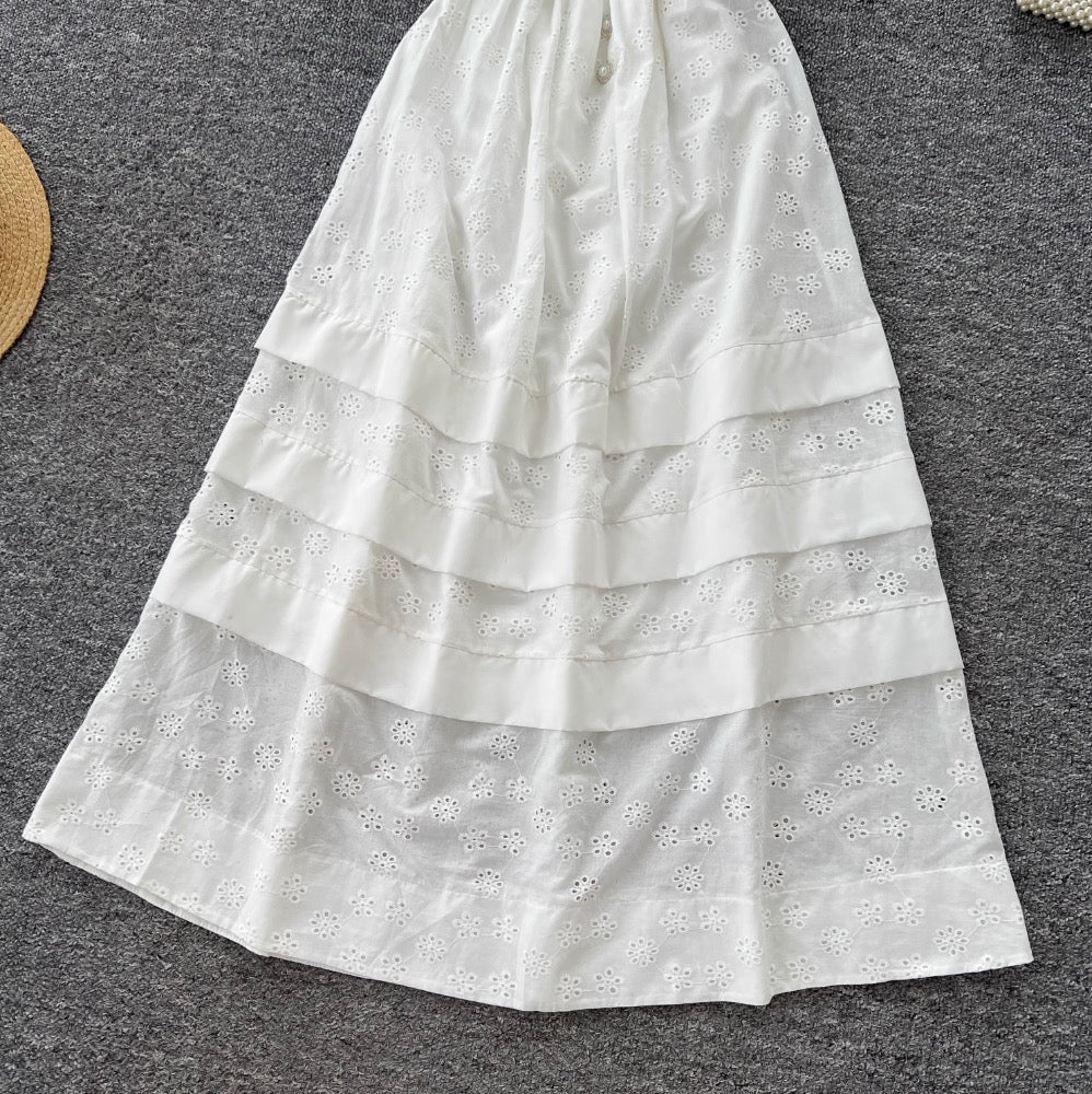 Mori Layered Hem Embroidered White Dress