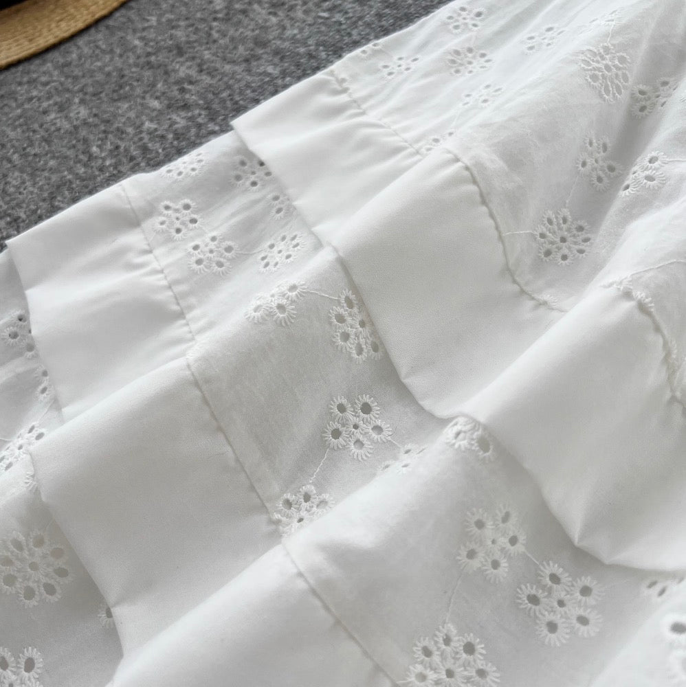 Mori Layered Hem Embroidered White Dress