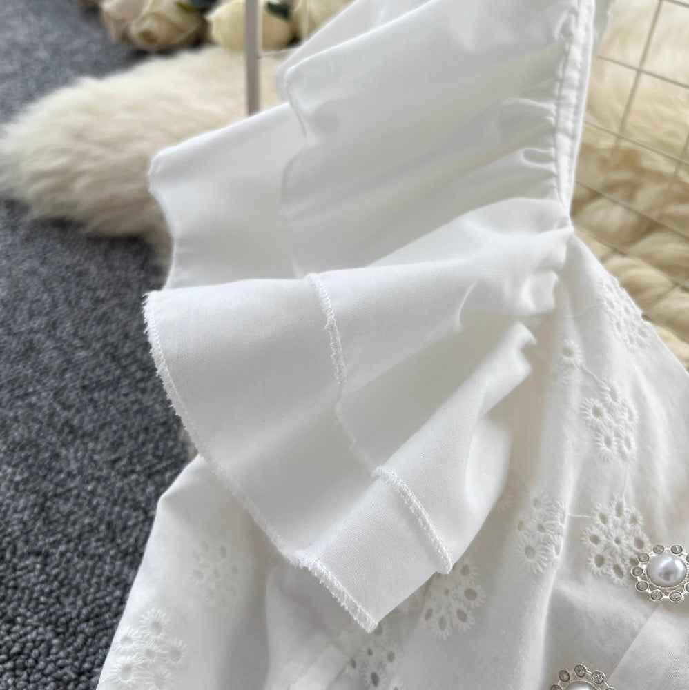 Mori Layered Hem Embroidered White Dress