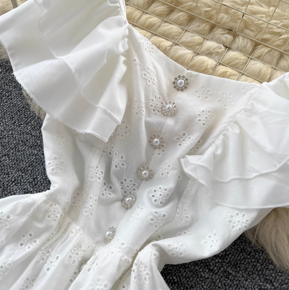 Mori Layered Hem Embroidered White Dress