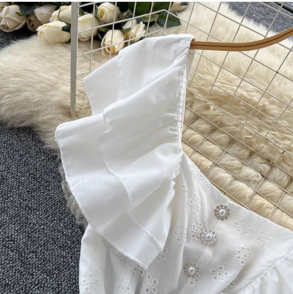 Mori Layered Hem Embroidered White Dress