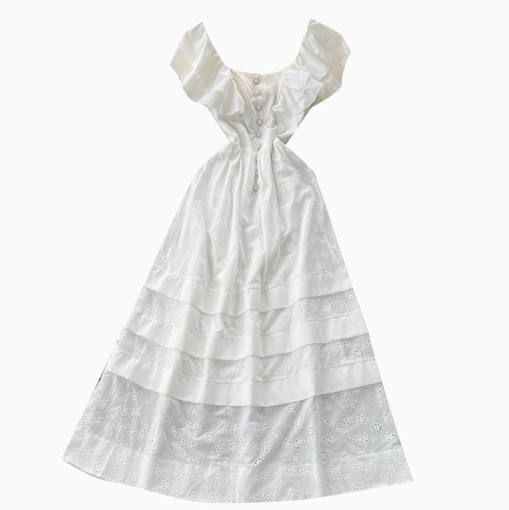 Mori Layered Hem Embroidered White Dress
