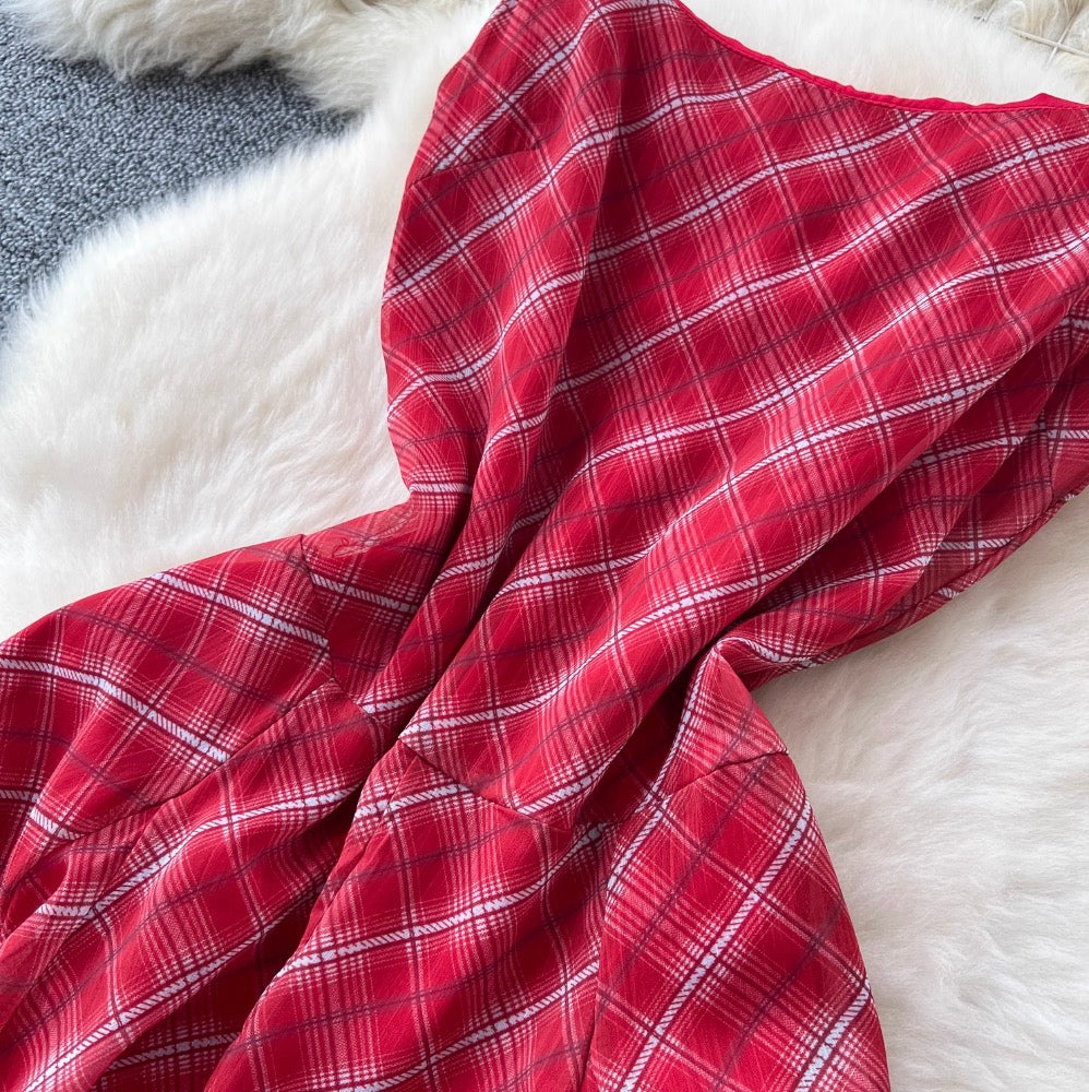 Chic Red Plaid Printed Slip Dress