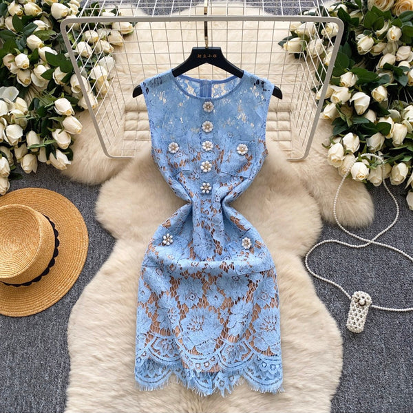 High-end Embroidered Blue Lace Dress