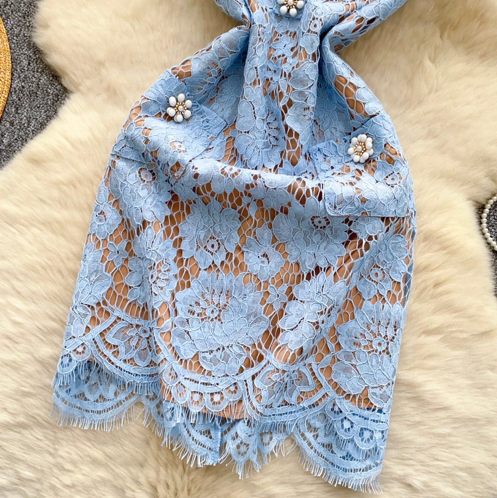 High-end Embroidered Blue Lace Dress