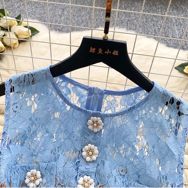 High-end Embroidered Blue Lace Dress