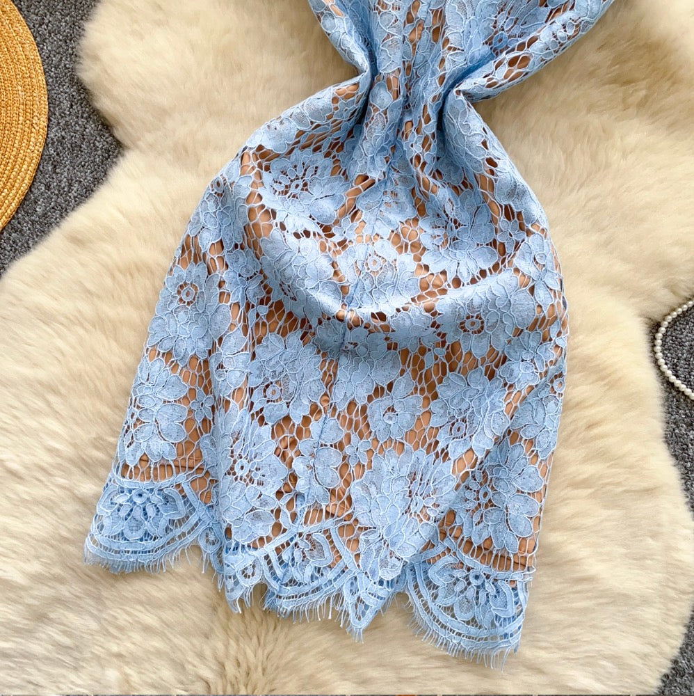 High-end Embroidered Blue Lace Dress