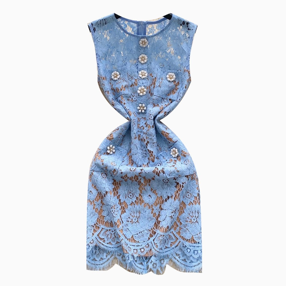 High-end Embroidered Blue Lace Dress