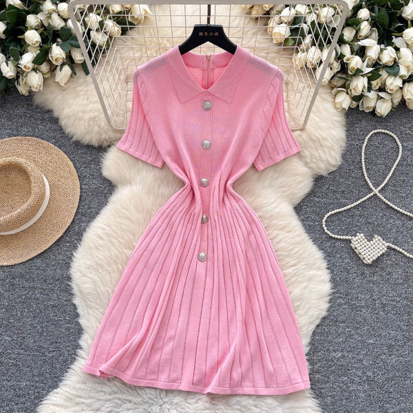 Vintage Polo Collar Pleated Knit Dress