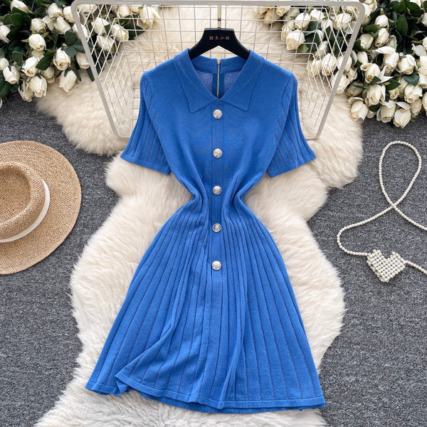 Vintage Polo Collar Pleated Knit Dress