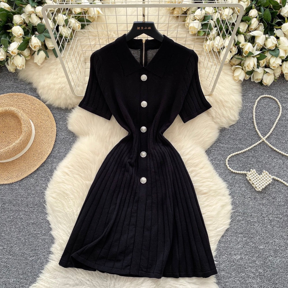Vintage Polo Collar Pleated Knit Dress