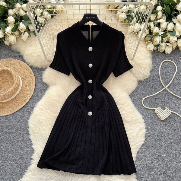 Vintage Polo Collar Pleated Knit Dress