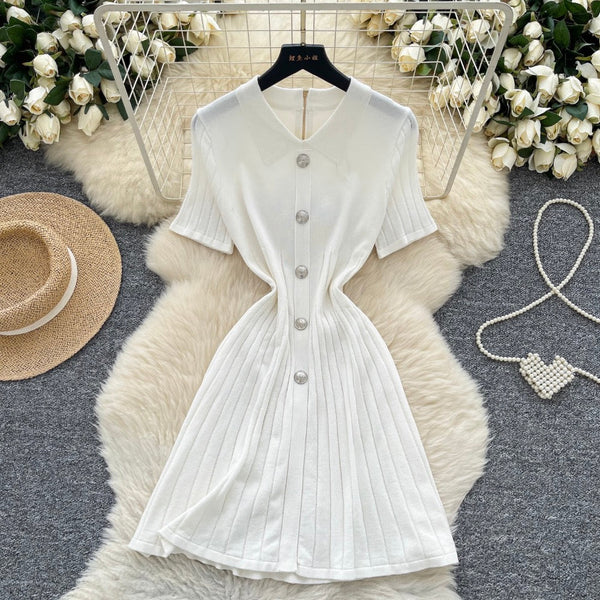 Vintage Polo Collar Pleated Knit Dress