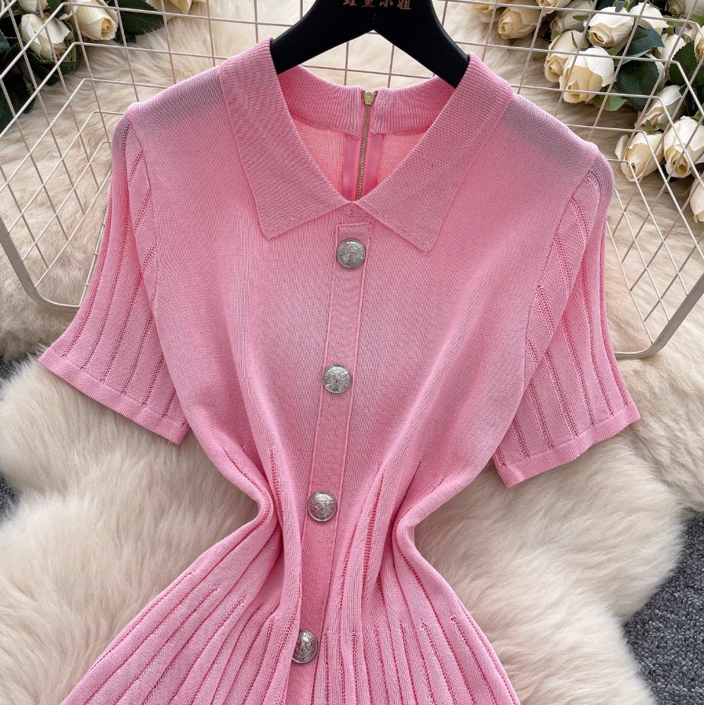 Vintage Polo Collar Pleated Knit Dress
