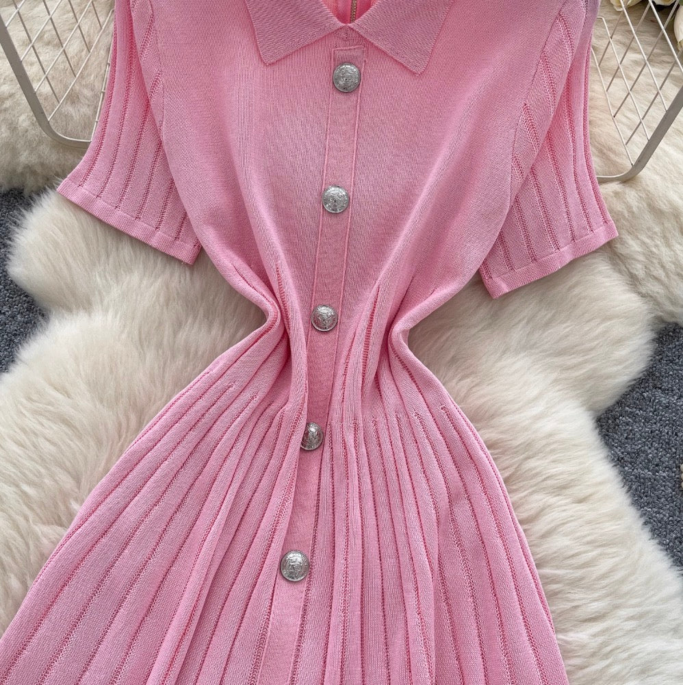 Vintage Polo Collar Pleated Knit Dress