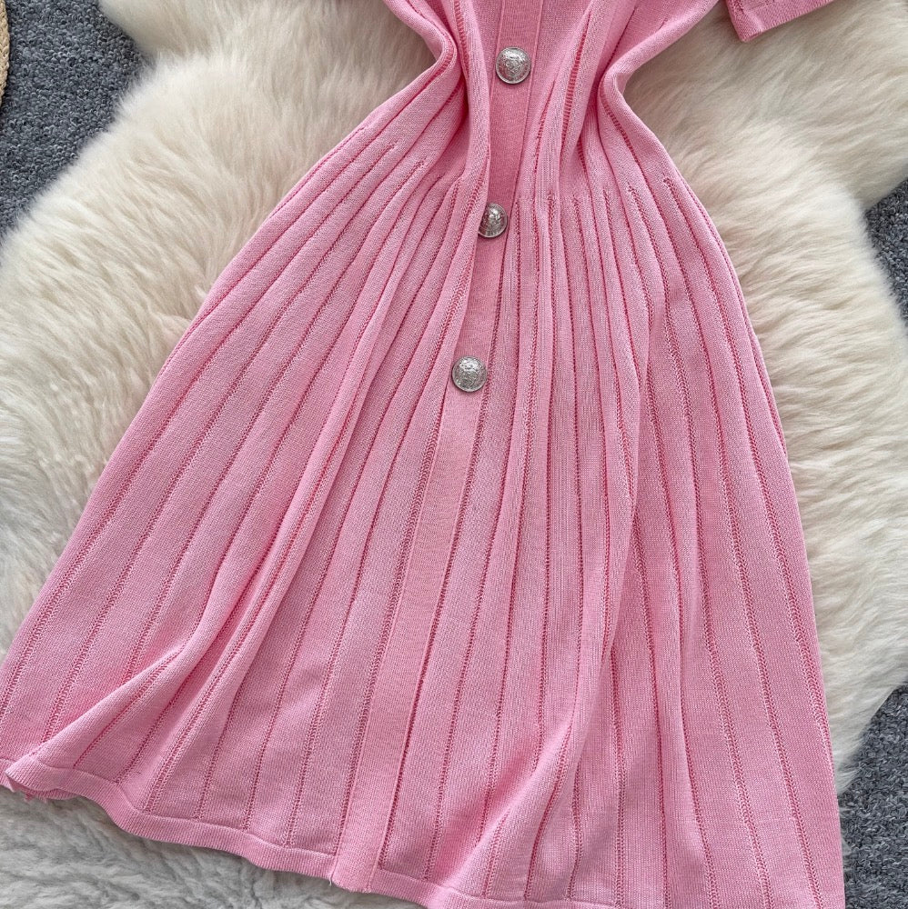 Vintage Polo Collar Pleated Knit Dress