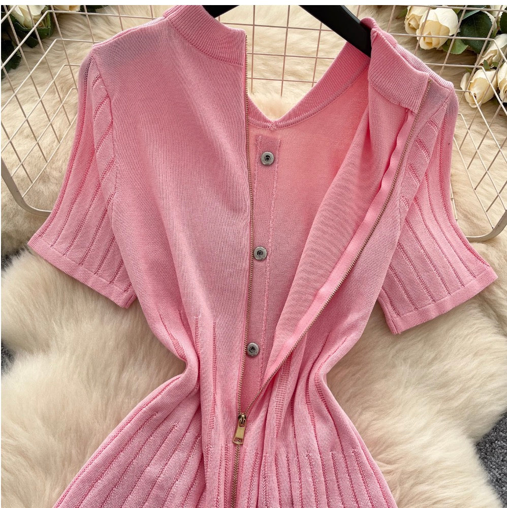 Vintage Polo Collar Pleated Knit Dress