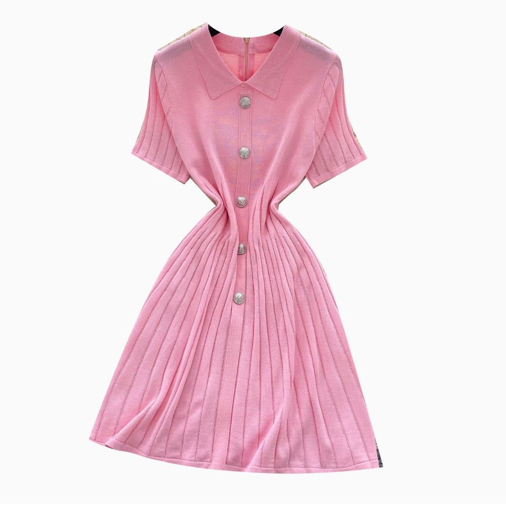 Vintage Polo Collar Pleated Knit Dress