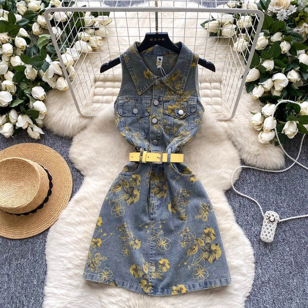 Lapeled Floral Printed Denim Dress