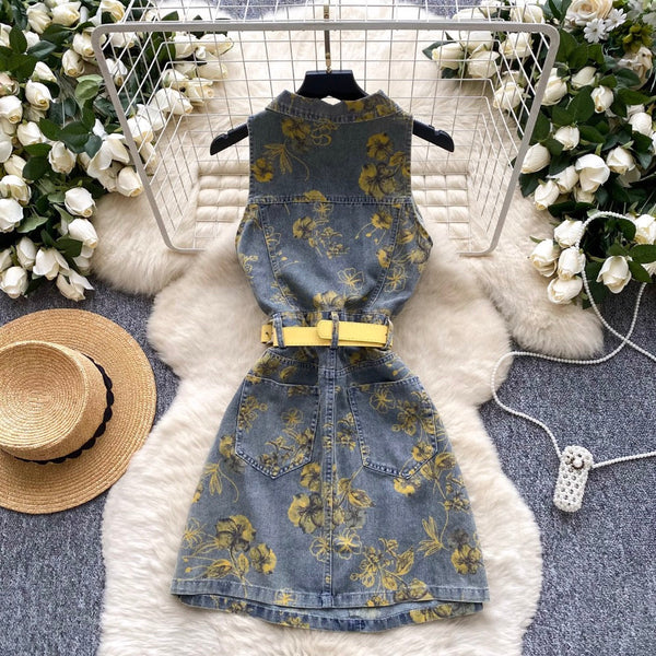 Lapeled Floral Printed Denim Dress