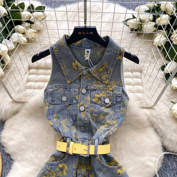 Lapeled Floral Printed Denim Dress