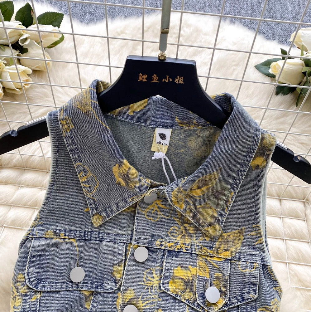 Lapeled Floral Printed Denim Dress
