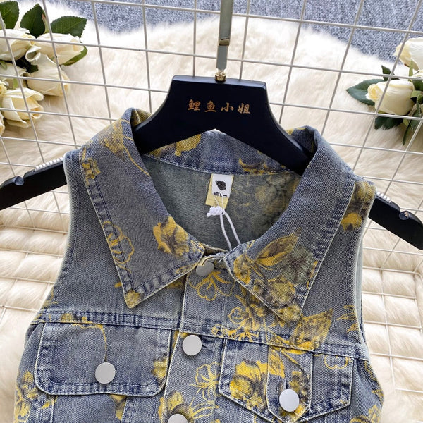 Lapeled Floral Printed Denim Dress