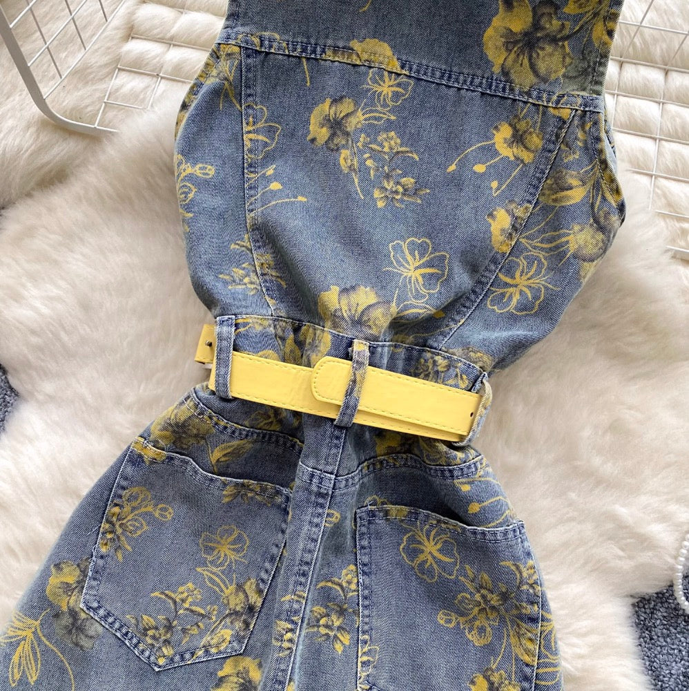 Lapeled Floral Printed Denim Dress