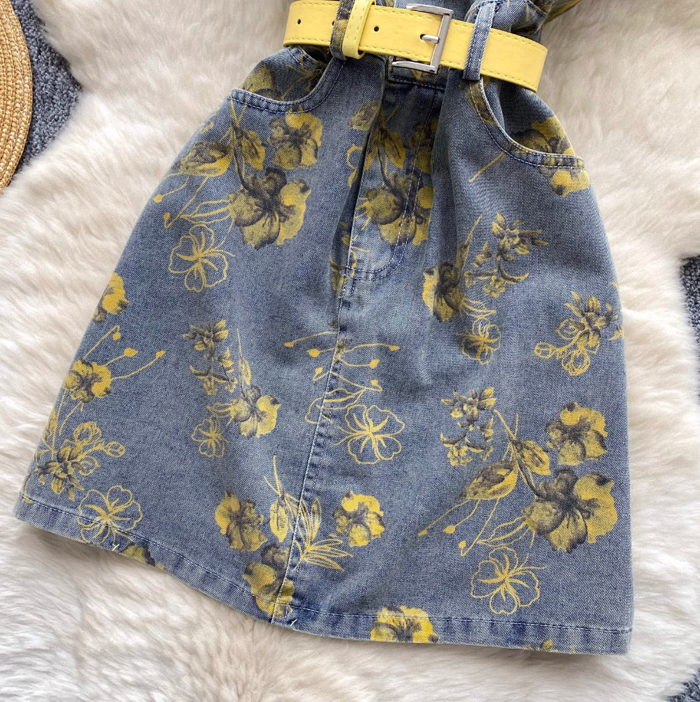 Lapeled Floral Printed Denim Dress