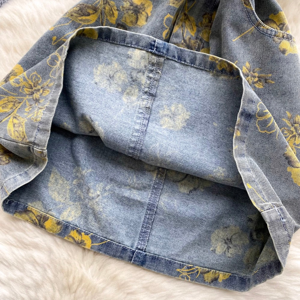 Lapeled Floral Printed Denim Dress