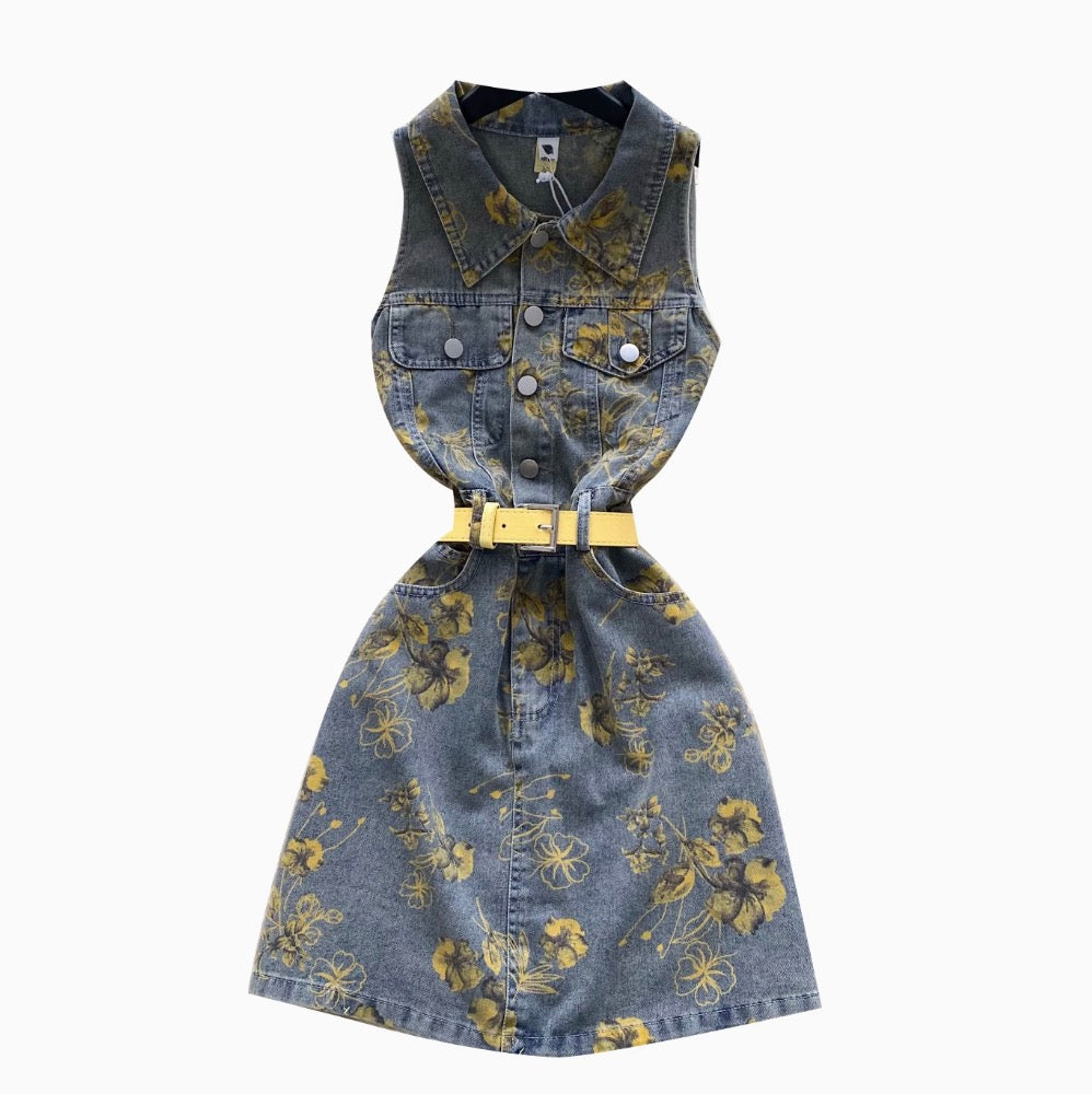 Lapeled Floral Printed Denim Dress