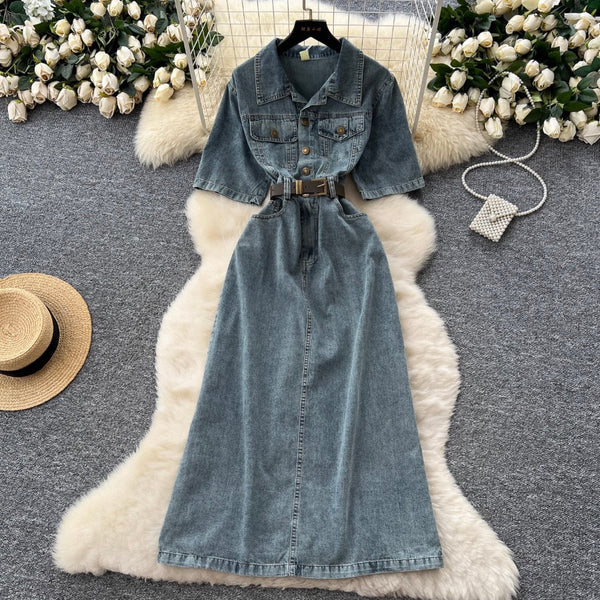 Distressed Vintage Denim Lapeled Dress