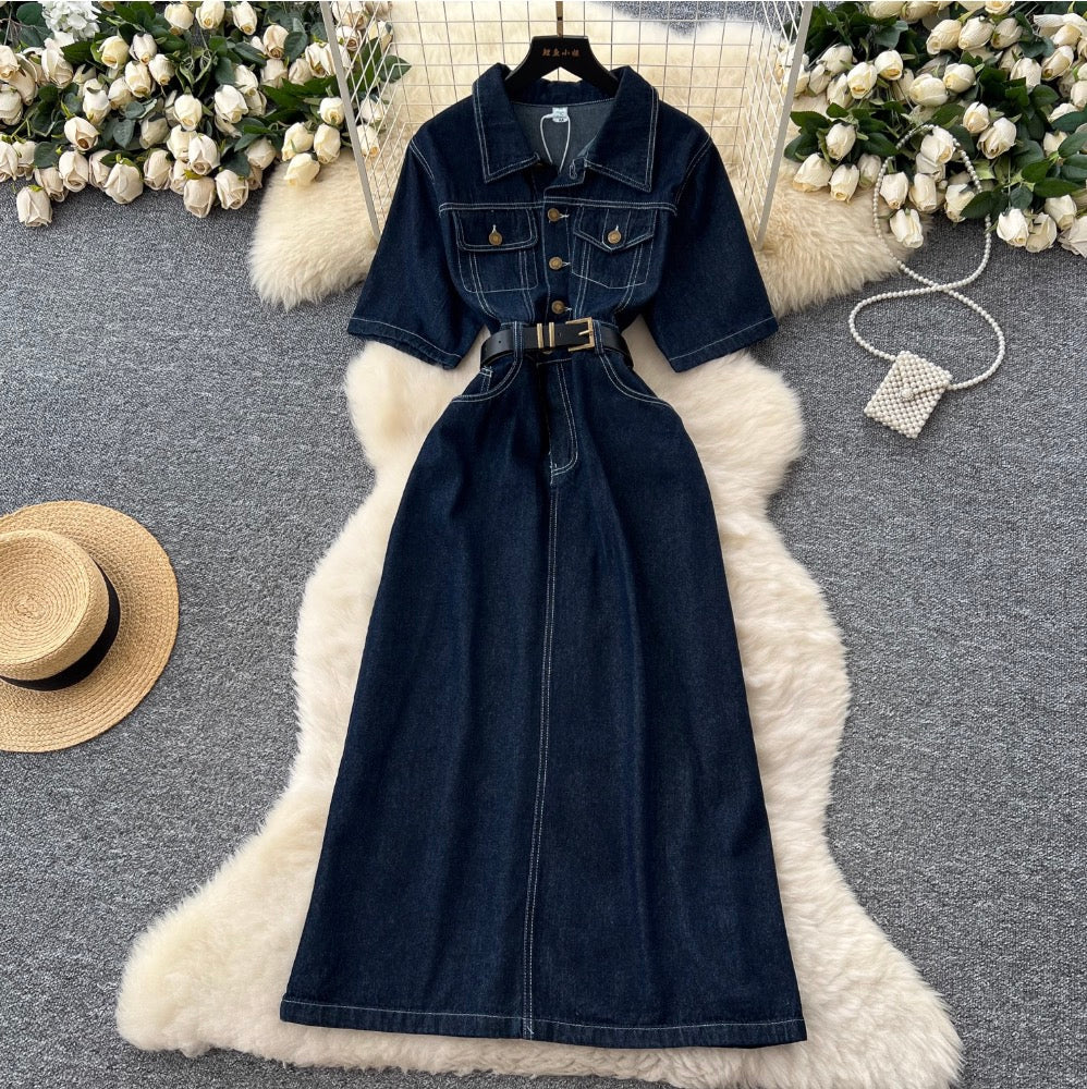 Distressed Vintage Denim Lapeled Dress