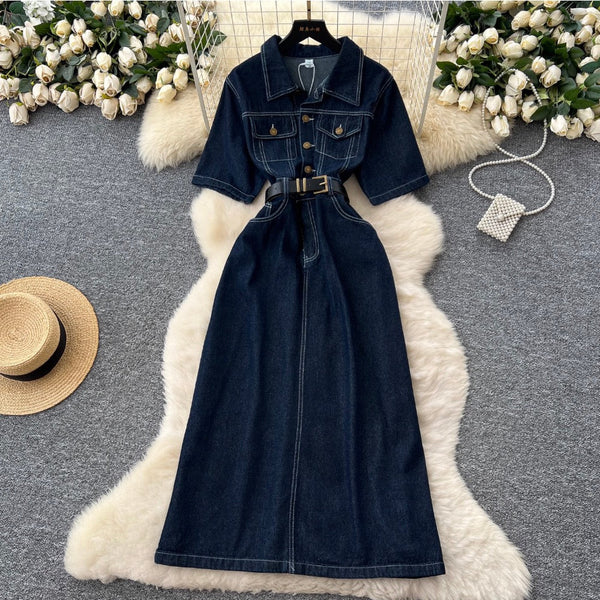 Distressed Vintage Denim Lapeled Dress