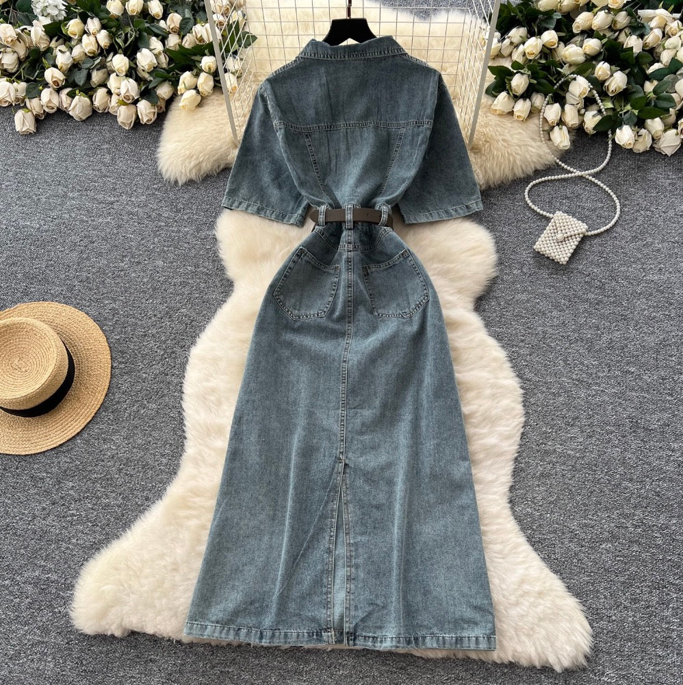 Distressed Vintage Denim Lapeled Dress