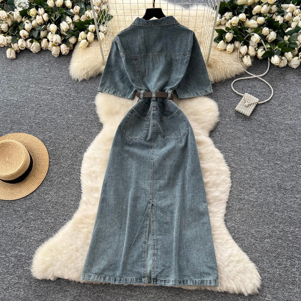 Distressed Vintage Denim Lapeled Dress